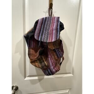 Handwoven Boho Backpack Bag Red Multicolor Ethnic Woven Drawstring Purse